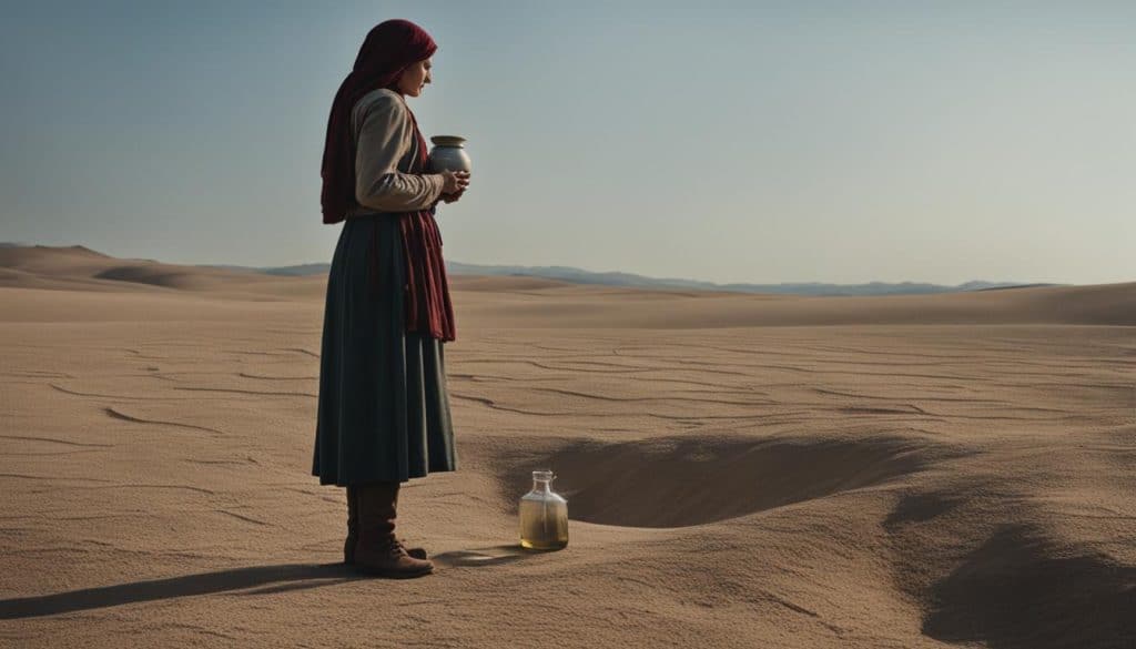 Widow of Zarephath with jar of flour and jug of oil Widow of Zarephath with jar of flour and jug of oil