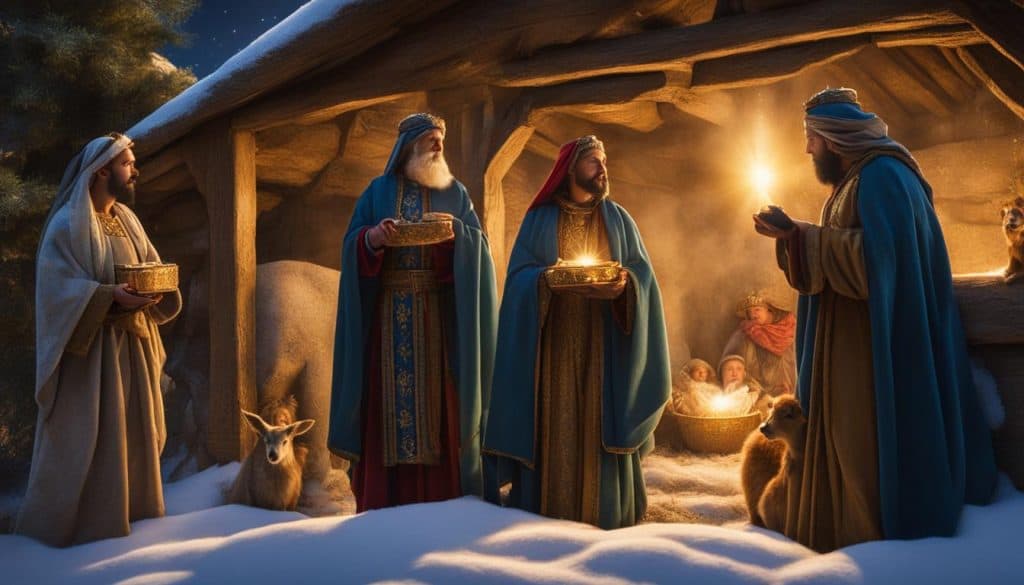 the wise men’s adoration of jesus bringing gifts of gold, frankincense, and myrrh