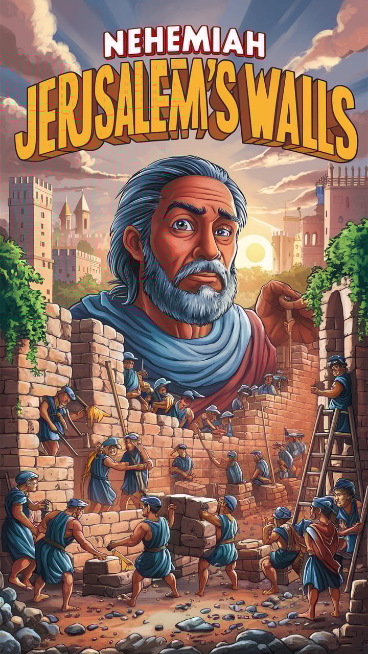 create a cartoon graphic, with the title in uppercase, the cartoon should illustrate in an exciting and clear way:Nehemiah Rebuilds Jerusalem's walls