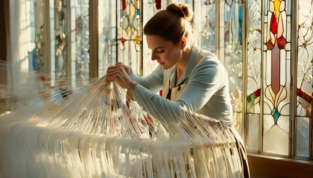 skilled seamstress repairing a torn curtain