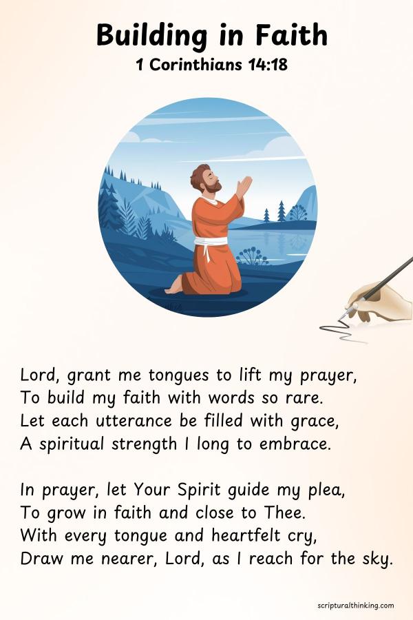 "Strength Through Prayer"
Holy Spirit, fill me with Your might,
With tongues of praise, through day and night.
Build me up in faith so strong,
Through prayers and words where I belong.
Let my speech be a beacon bright,
Guiding me in Your holy light.
With every tongue, let faith arise,
Strengthened in prayer, to reach the skies.