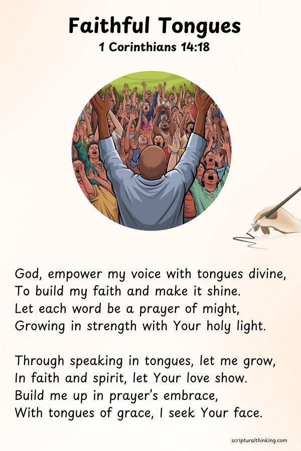 "Faithful Tongues"
God, empower my voice with tongues divine,
To build my faith and make it shine.
Let each word be a prayer of might,
Growing in strength with Your holy light.
Through speaking in tongues, let me grow,
In faith and spirit, let Your love show.
Build me up in prayer’s embrace,
With tongues of grace, I seek Your face.