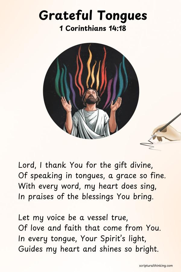 "Grateful Tongues"
Lord, I thank You for the gift divine,
Of speaking in tongues, a grace so fine.
With every word, my heart does sing,
In praises of the blessings You bring.
Let my voice be a vessel true,
Of love and faith that come from You.
In every tongue, Your Spirit’s light,
Guides my heart and shines so bright.