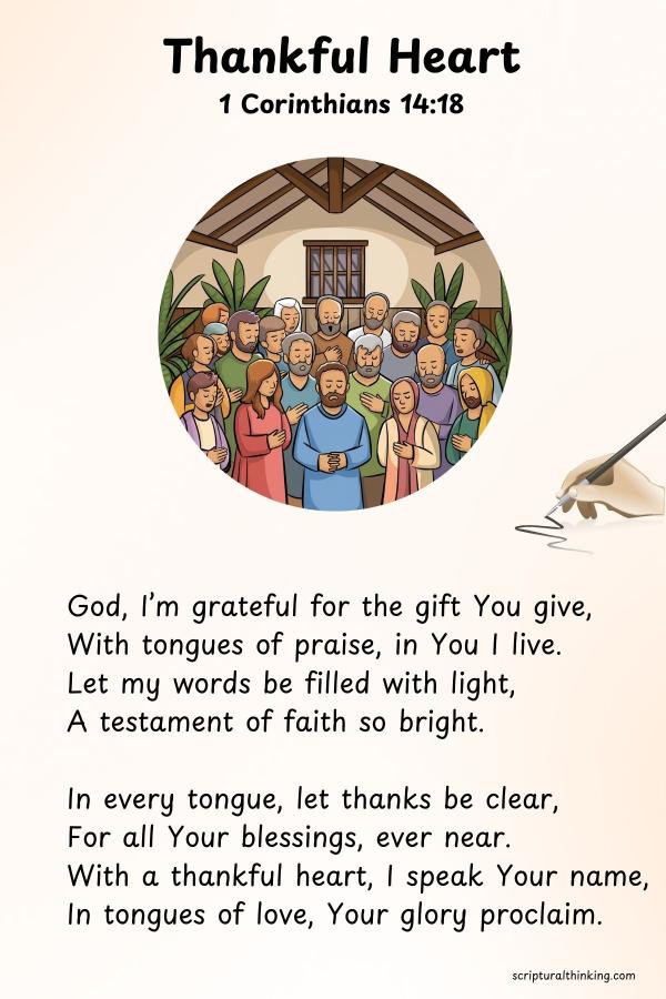 "Thankful Heart"
God, I’m grateful for the gift You give,
With tongues of praise, in You I live.
Let my words be filled with light,
A testament of faith so bright.
In every tongue, let thanks be clear,
For all Your blessings, ever near.
With a thankful heart, I speak Your name,
In tongues of love, Your glory proclaim.