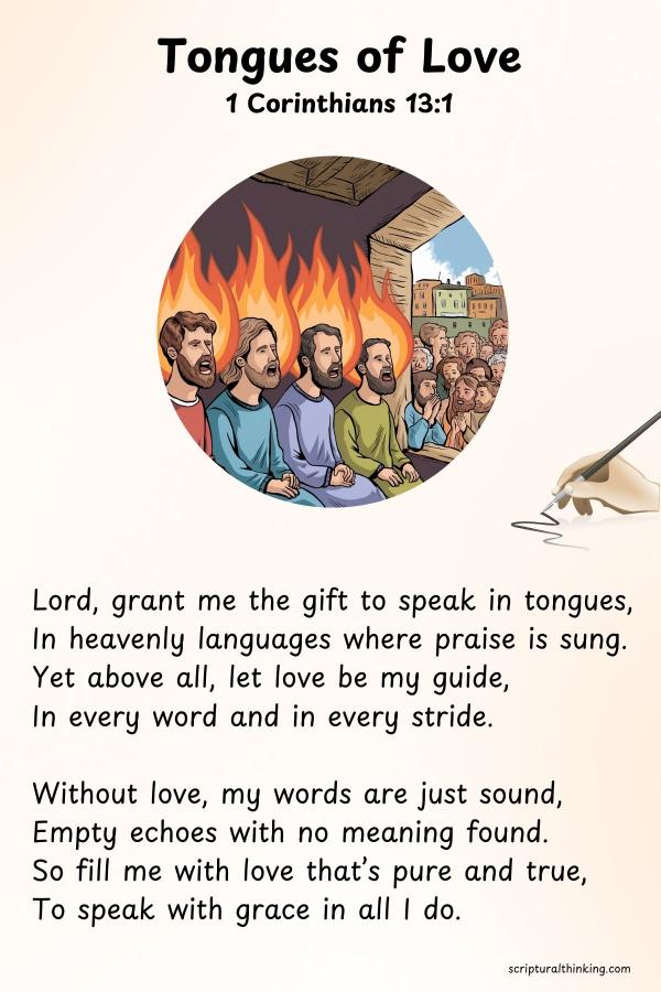 Tongues of Love
Lord, grant me the gift to speak in tongues,
In heavenly languages where praise is sung.
Yet above all, let love be my guide,
In every word and in every stride.
Without love, my words are just sound,
Empty echoes with no meaning found.
So fill me with love that’s pure and true,
To speak with grace in all I do.