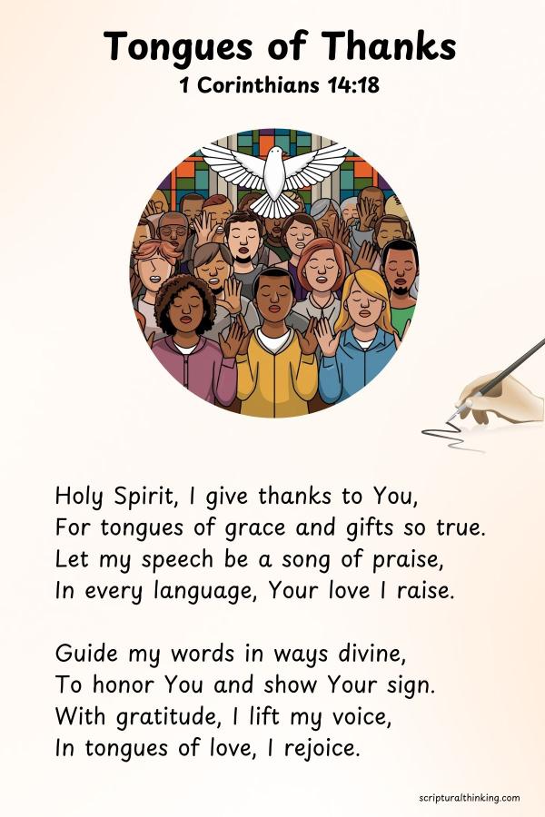 "Tongues of Thanks"
Holy Spirit, I give thanks to You,
For tongues of grace and gifts so true.
Let my speech be a song of praise,
In every language, Your love I raise.
Guide my words in ways divine,
To honor You and show Your sign.
With gratitude, I lift my voice,
In tongues of love, I rejoice.