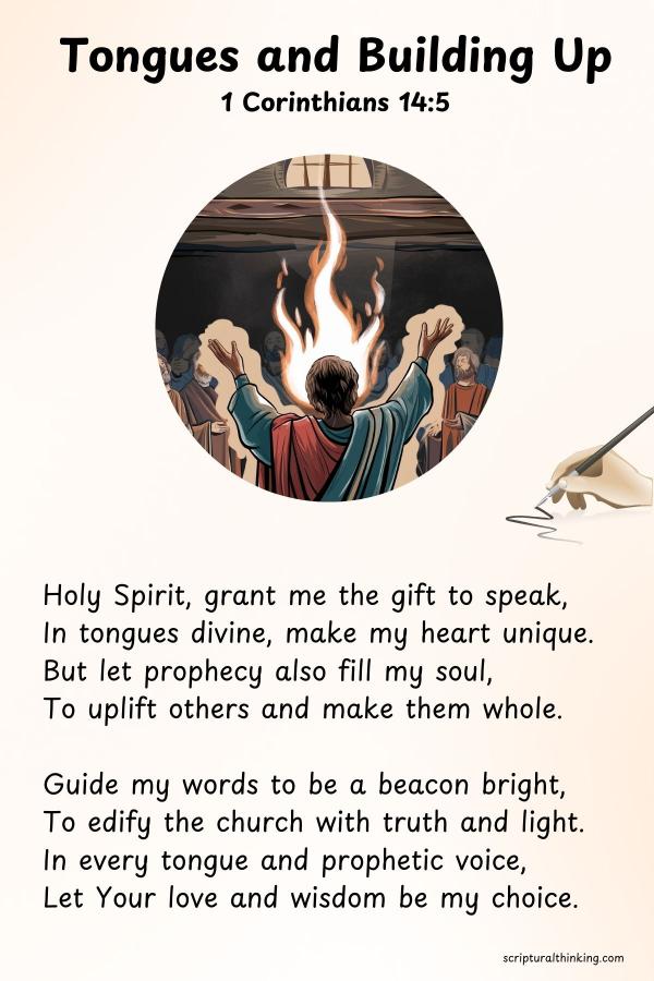 Tongues and Building Up
Holy Spirit, grant me the gift to speak,
In tongues divine, make my heart unique.
But let prophecy also fill my soul,
To uplift others and make them whole.
Guide my words to be a beacon bright,
To edify the church with truth and light.
In every tongue and prophetic voice,
Let Your love and wisdom be my choice.