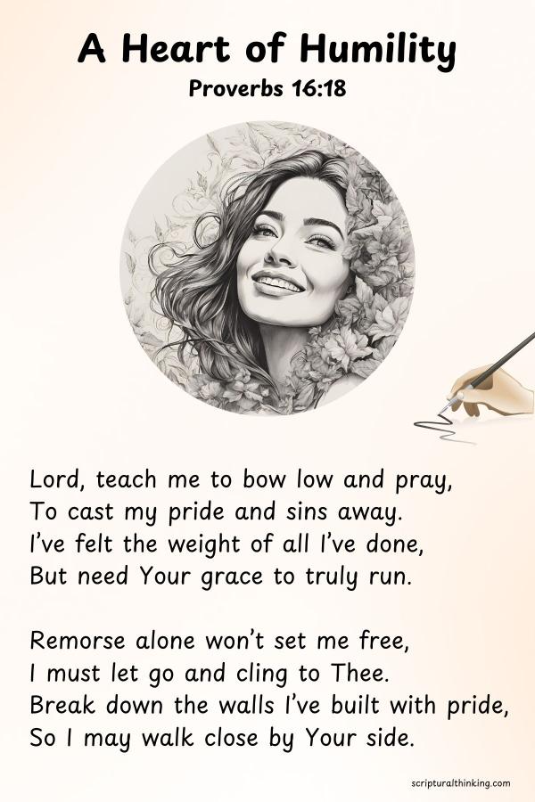 This poem is a personal prayer asking God to help release the grip of pride and cultivate a humble heart. It acknowledges that while remorse brings us to the door of forgiveness, only humility can lead us through to freedom.