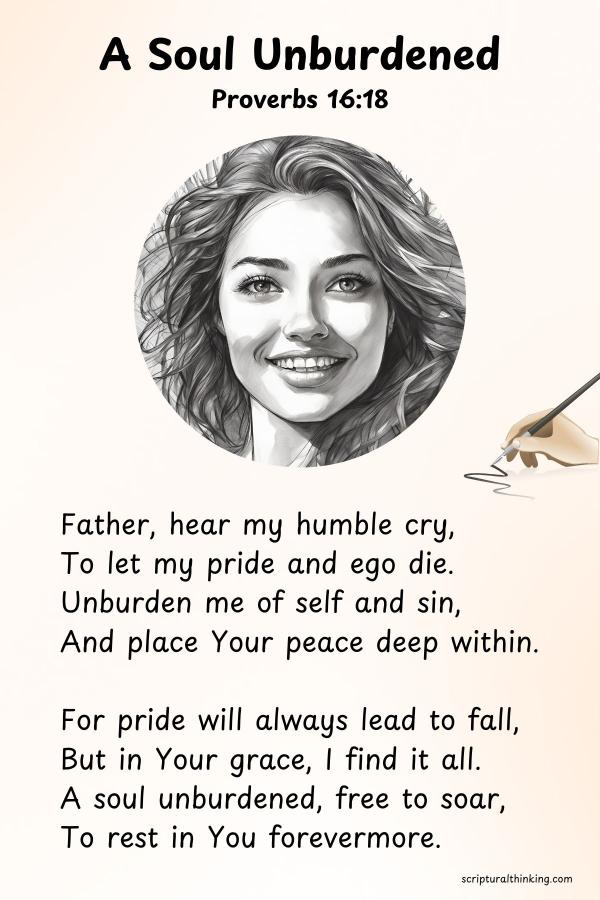 This poem reflects the deep yearning to be truly free from the burdens of pride. It seeks God's help in unburdening the soul, allowing for a fuller experience of His grace and a closer walk in His light.