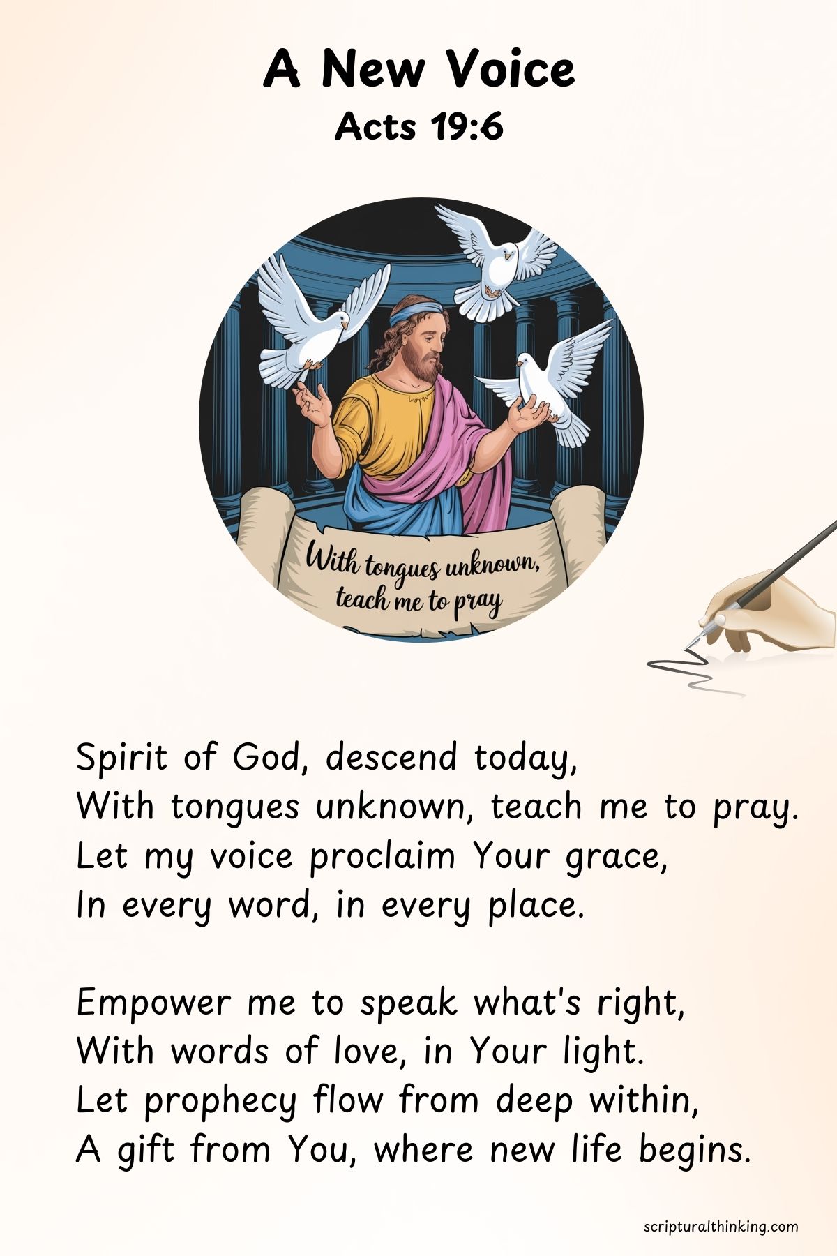 A New Voice
Spirit of God, descend today,
With tongues unknown, teach me to pray.
Let my voice proclaim Your grace,
In every word, in every place.
Empower me to speak what's right,
With words of love, in Your light.
Let prophecy flow from deep within,
A gift from You, where new life begins.