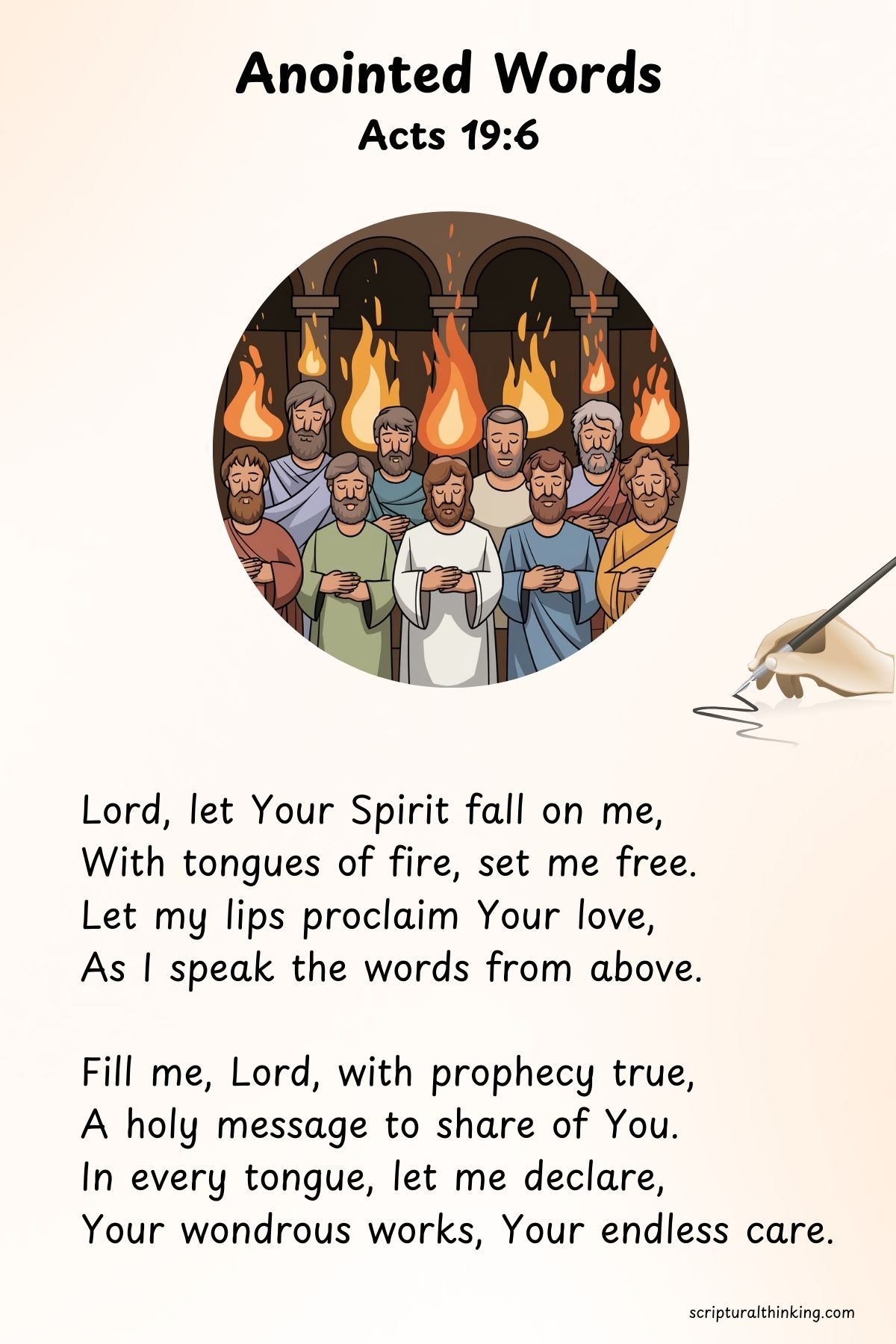 Anointed Words
Lord, let Your Spirit fall on me,
With tongues of fire, set me free.
Let my lips proclaim Your love,
As I speak the words from above.
Fill me, Lord, with prophecy true,
A holy message to share of You.
In every tongue, let me declare,
Your wondrous works, Your endless care.