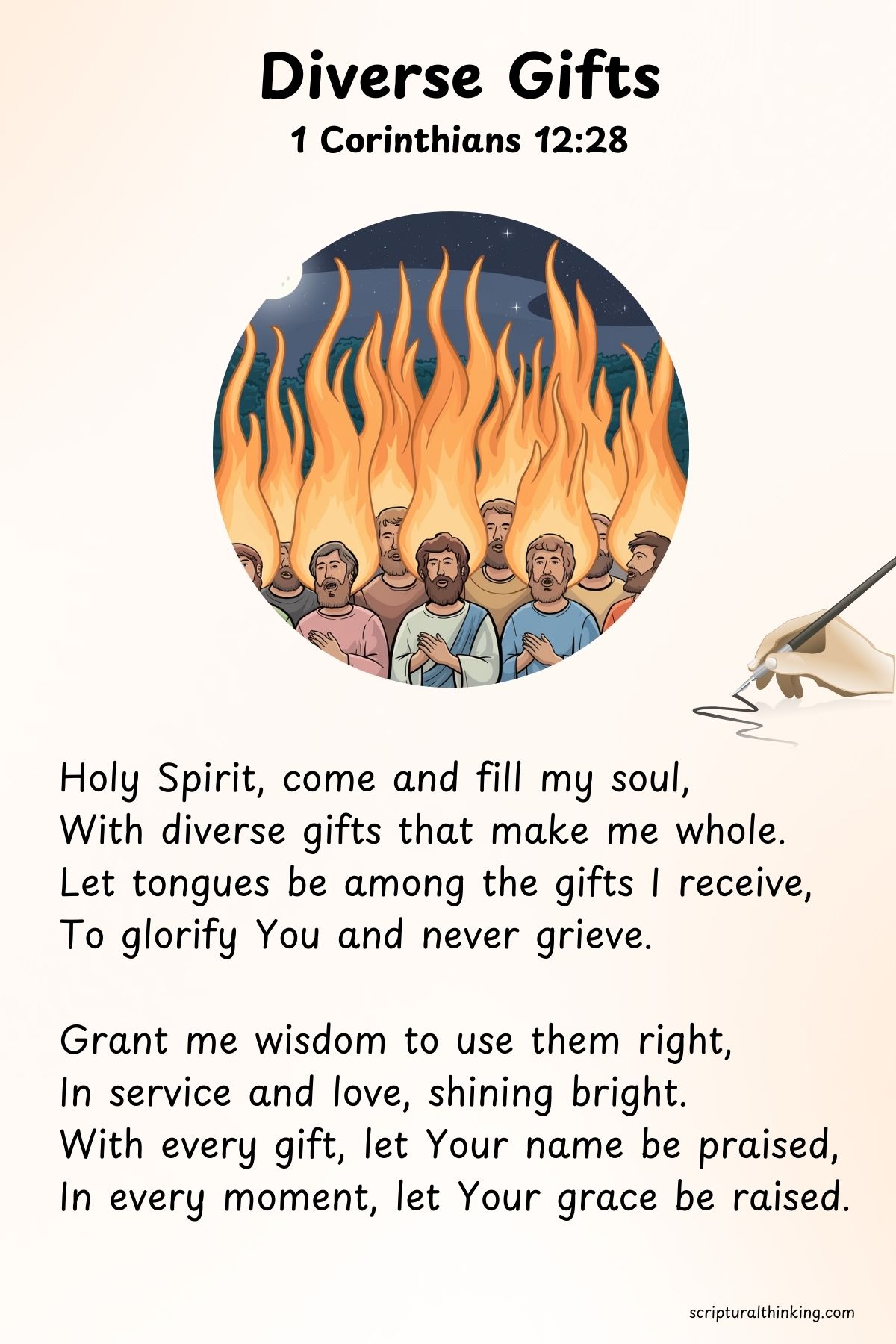 Diverse Gifts
Holy Spirit, come and fill my soul,
With diverse gifts that make me whole.
Let tongues be among the gifts I receive,
To glorify You and never grieve.
Grant me wisdom to use them right,
In service and love, shining bright.
With every gift, let Your name be praised,
In every moment, let Your grace be raised.