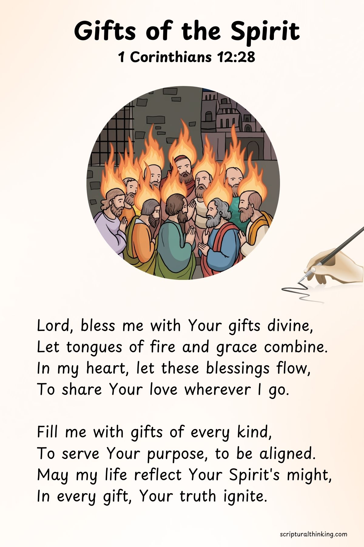 Gifts of the Spirit
Lord, bless me with Your gifts divine,
Let tongues of fire and grace combine.
In my heart, let these blessings flow,
To share Your love wherever I go.
Fill me with gifts of every kind,
To serve Your purpose, to be aligned.
May my life reflect Your Spirit's might,
In every gift, Your truth ignite.