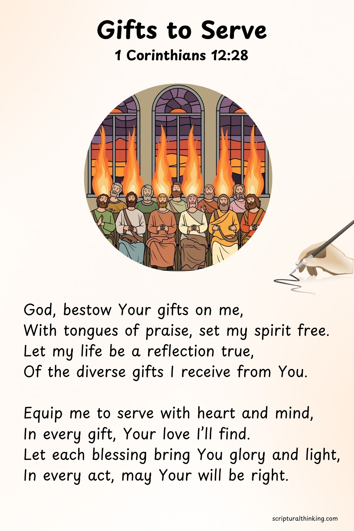 Gifts to Serve
God, bestow Your gifts on me,
With tongues of praise, set my spirit free.
Let my life be a reflection true,
Of the diverse gifts I receive from You.
Equip me to serve with heart and mind,
In every gift, Your love I’ll find.
Let each blessing bring You glory and light,
In every act, may Your will be right.