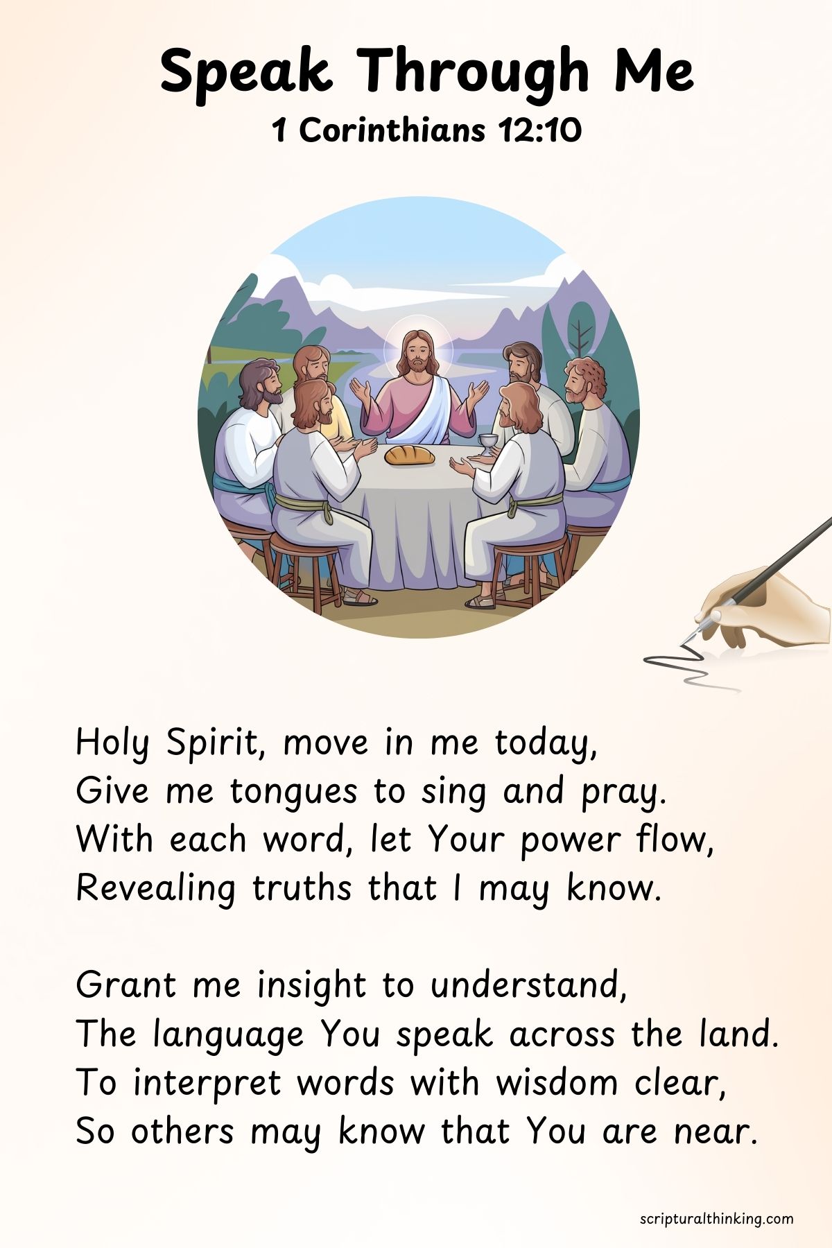 Speak Through Me
Holy Spirit, move in me today,
Give me tongues to sing and pray.
With each word, let Your power flow,
Revealing truths that I may know.
Grant me insight to understand,
The language You speak across the land.
To interpret words with wisdom clear,
So others may know that You are near.