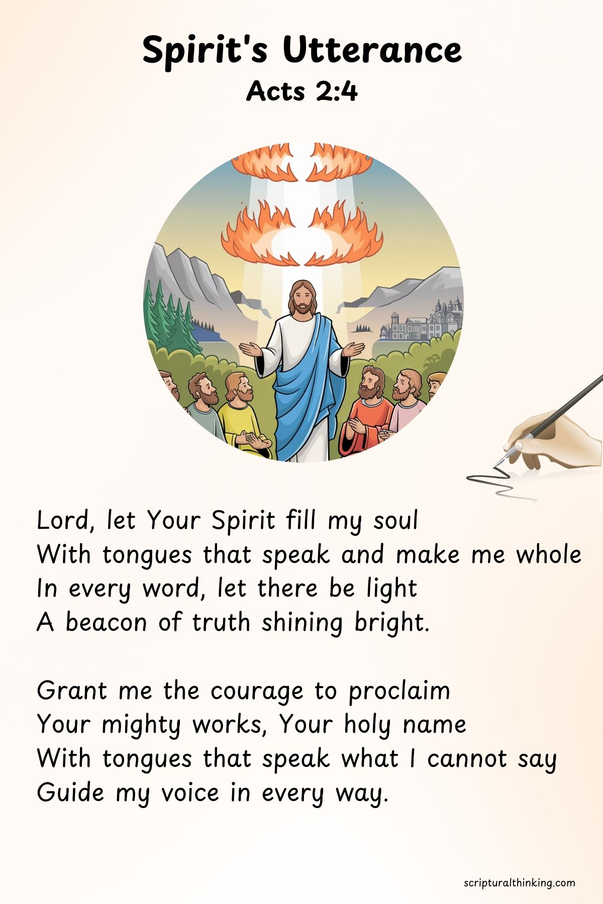 Spirit's Utterance
Lord, let Your Spirit fill my soul
With tongues that speak and make me whole
In every word, let there be light
A beacon of truth shining bright
Grant me the courage to proclaim
Your mighty works, Your holy name
With tongues that speak what I cannot say
Guide my voice in every way