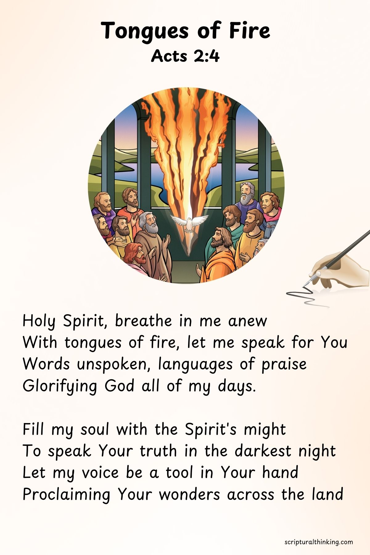 Tongues of Fire
Holy Spirit, breathe in me anew
With tongues of fire, let me speak for You
Words unspoken, languages of praise
Glorifying God all of my days
Fill my soul with the Spirit's might
To speak Your truth in the darkest night
Let my voice be a tool in Your hand
Proclaiming Your wonders across the land