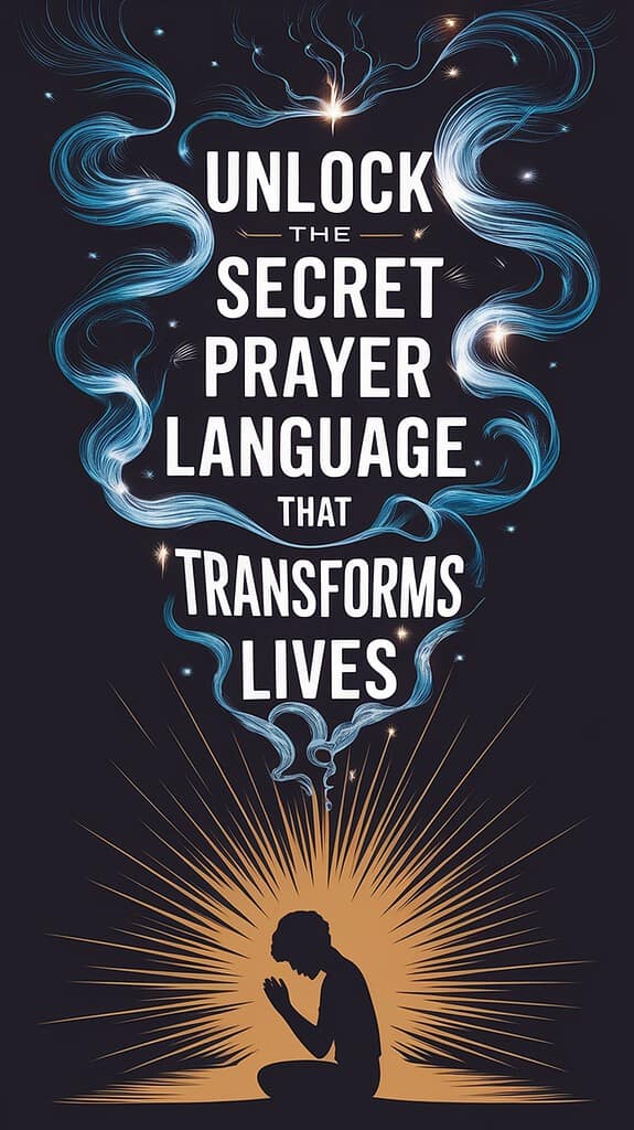 A silhouette of a person praying, illuminated by golden rays and ethereal wisps of text floating upward