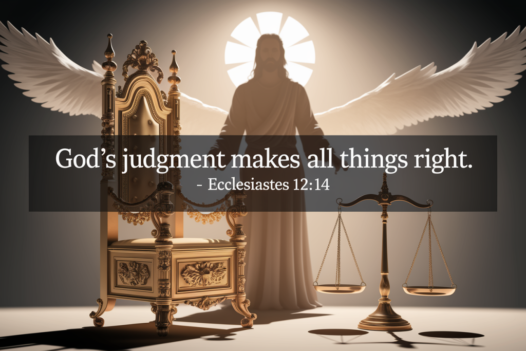 Majestic golden throne surrounded by gentle light, balanced scales in foreground, subtle clouds implying heavenly peace; overlay text: "God’s Judgment Makes All Things Right. – Ecclesiastes 12:14"