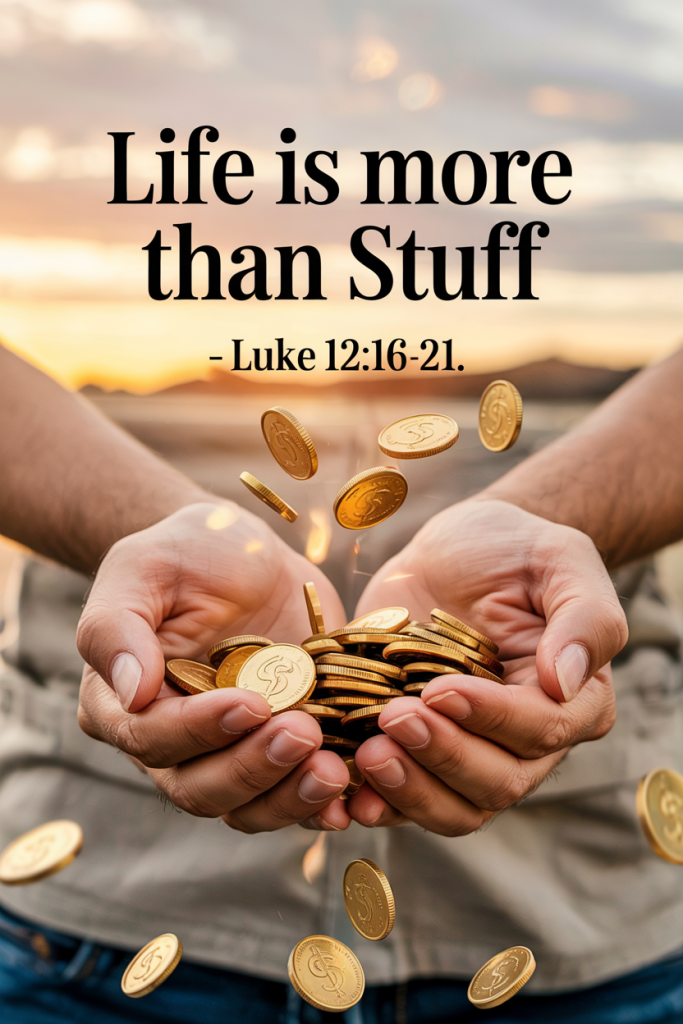 Open hands releasing golden coins, symbolizing freedom from materialism. Overlay text: "Life Is More Than Stuff – Luke 12:16-21."
