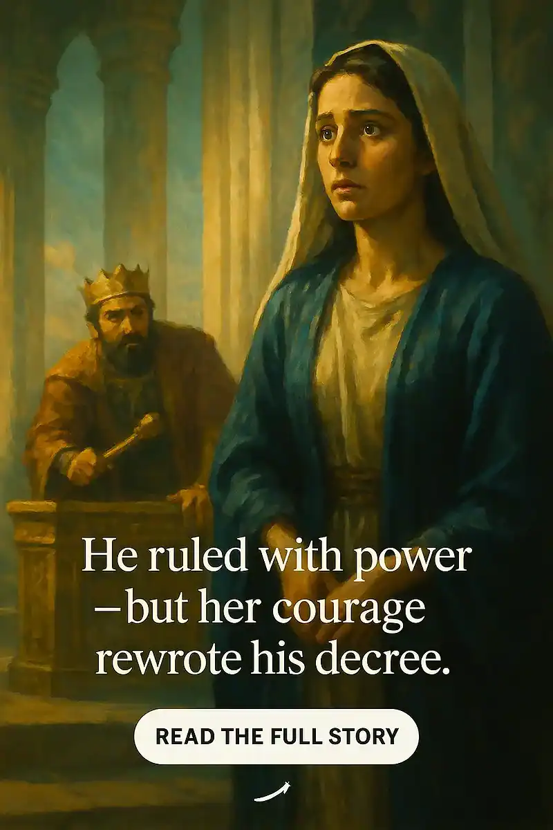 In a kingdom ruled by pride and decree, one queen risked everything for her people. This moment captures the exact breath between fear and faith—when Esther stepped forward and God rewrote the ending.
